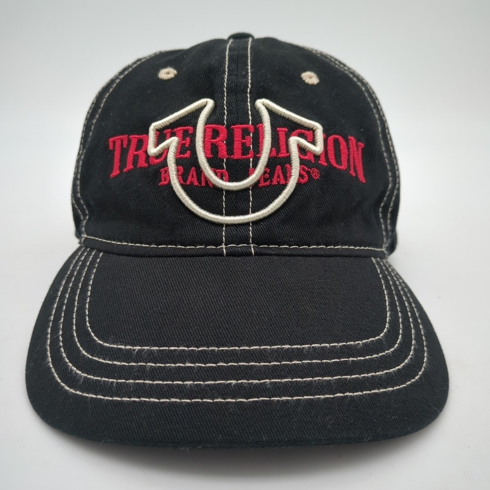 True Religion Hat Mens Strapback Black Red Spell Out White Center Horseshoe Logo